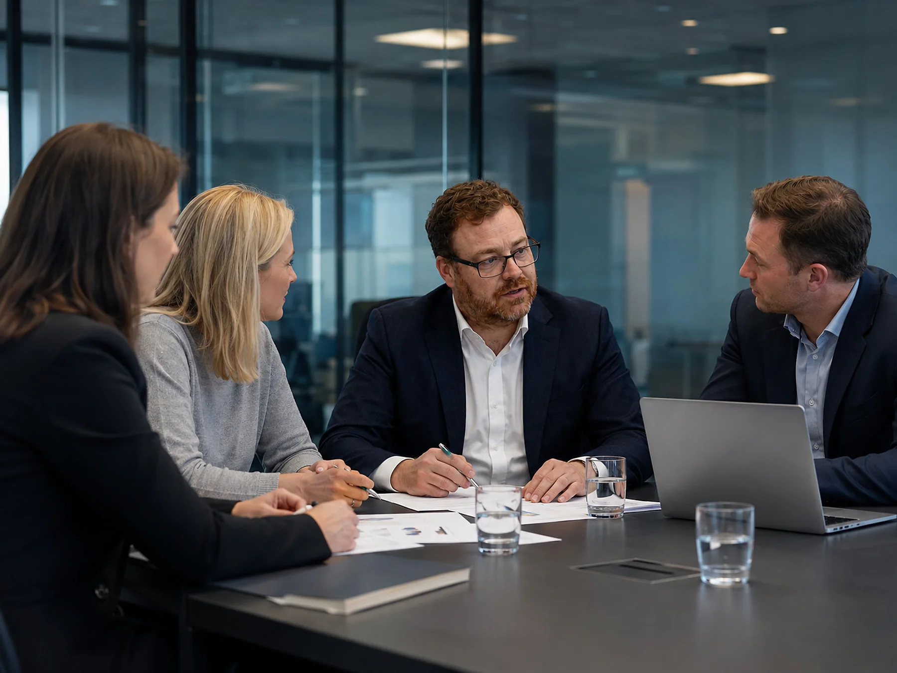 Four executives around a boardroom table, working through printed figures on a laptop.
