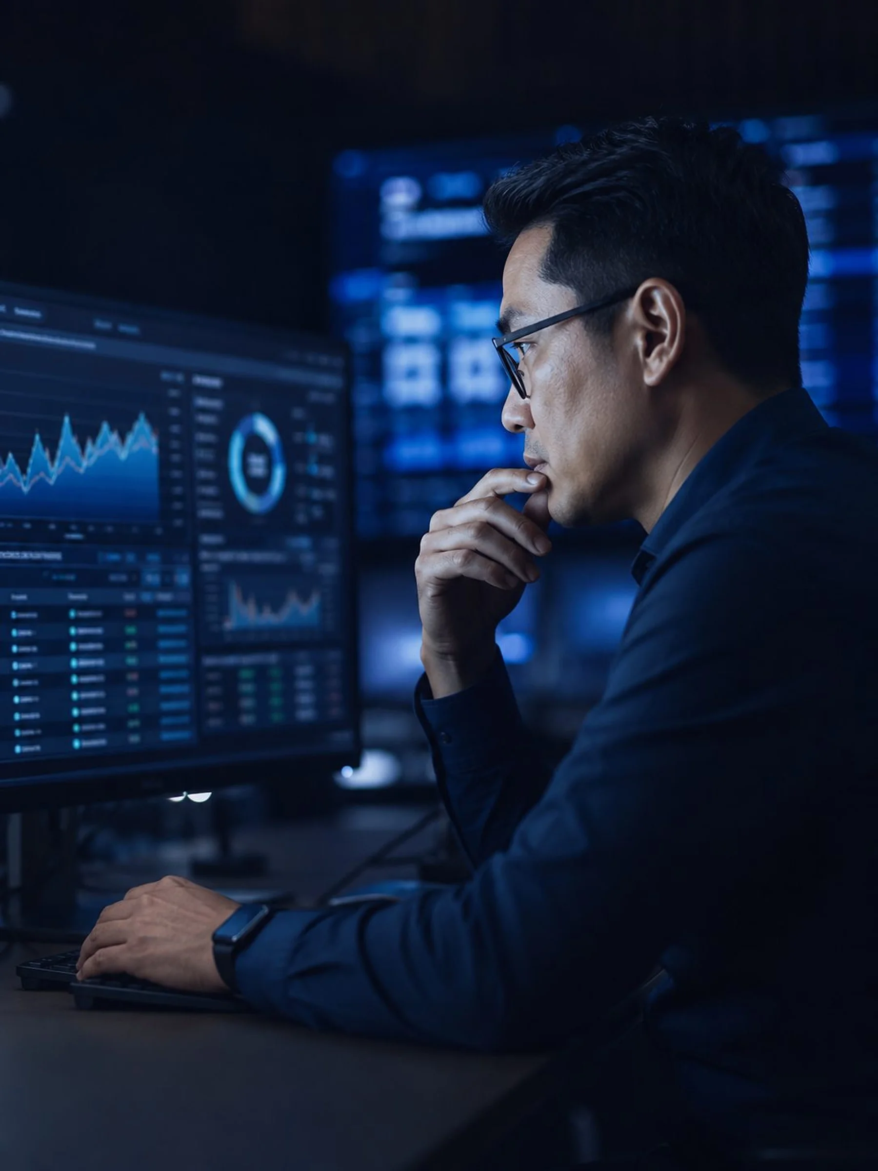 An executive studying analytics dashboards on screen, hand resting against their chin.