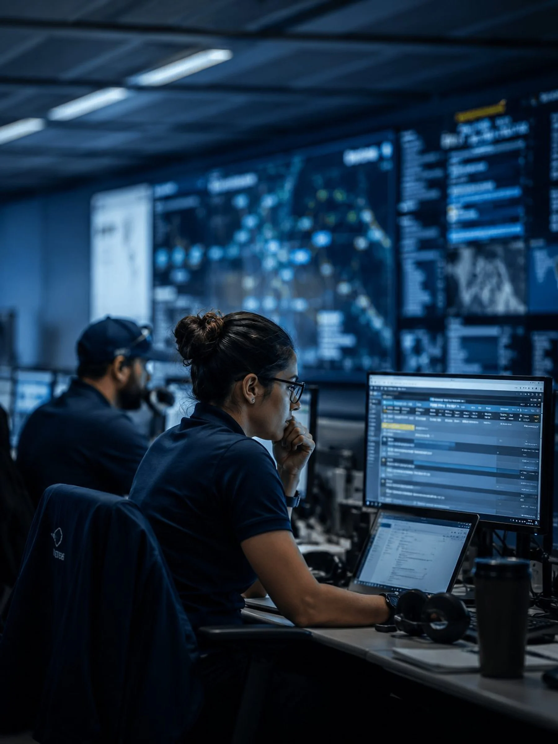 An operations analyst working at a desk in front of a wall of monitoring screens.