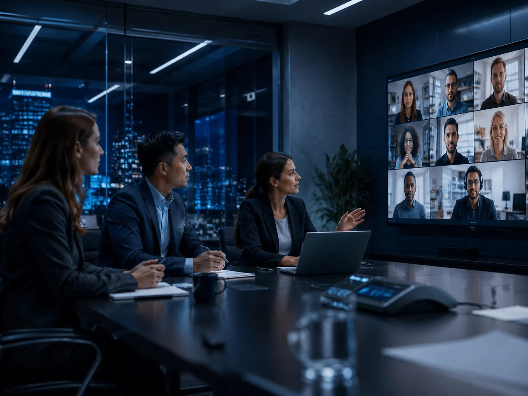 A team in a meeting room with remote colleagues joining on a wall-mounted video call.