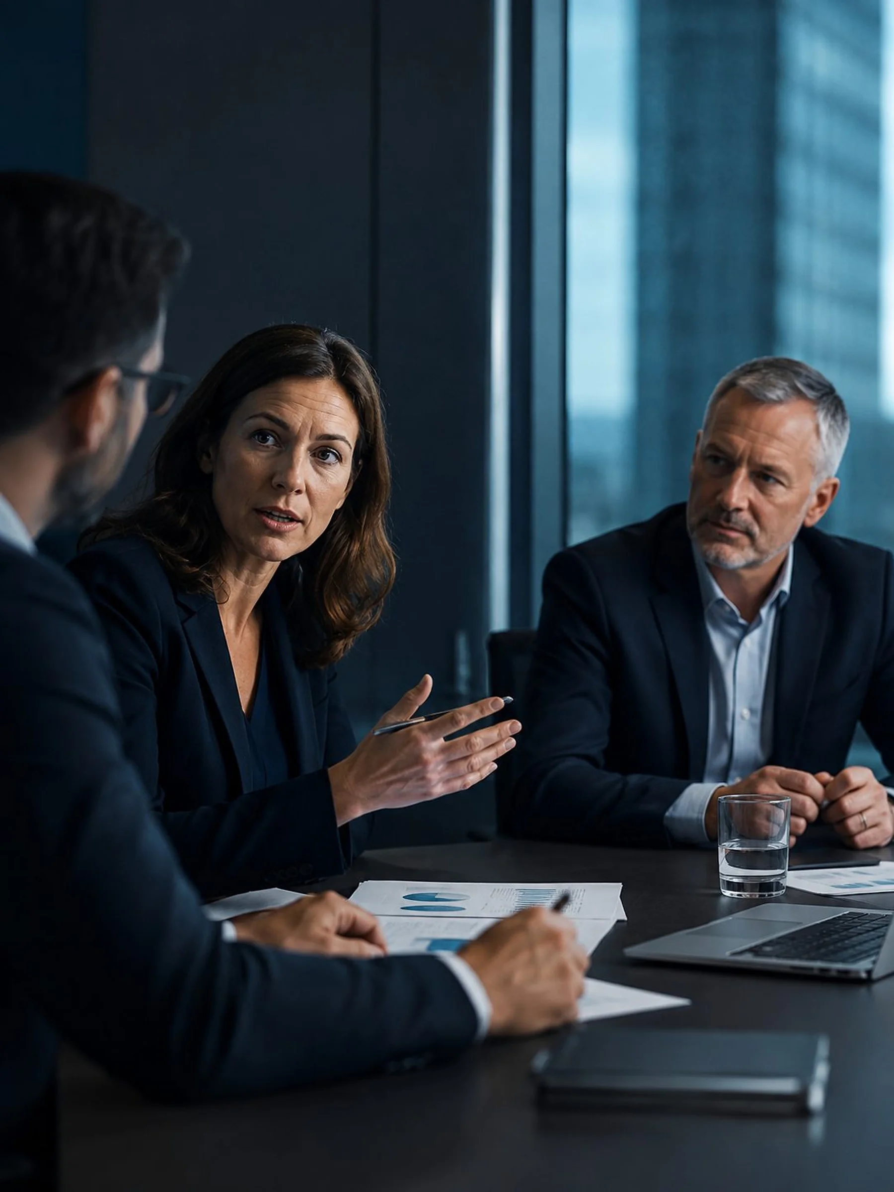 An executive presenting to a seated leadership team in a glass-walled boardroom.