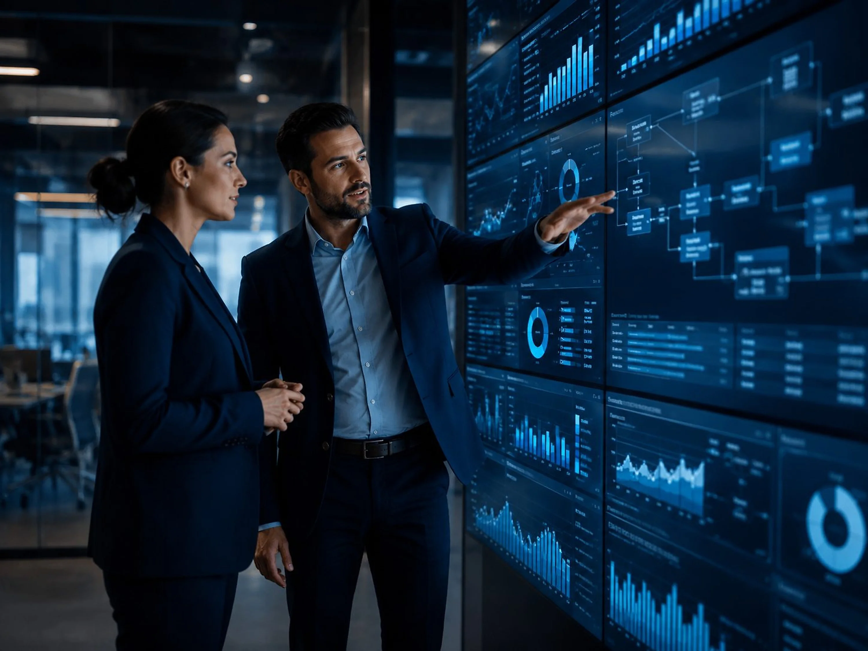 Two executives standing at a wall of screens, one pointing at a process diagram.