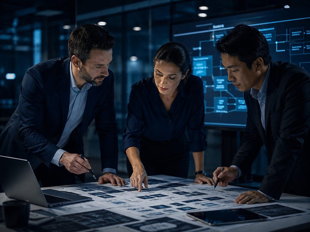 Three executives leaning over a printed process map on a boardroom table, with a system diagram on the screen behind them.
