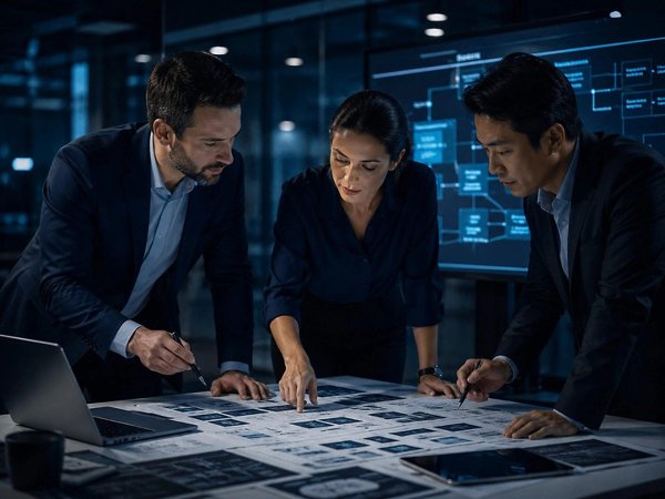 Three executives leaning over a printed process map on a boardroom table, with a system diagram on the screen behind them.